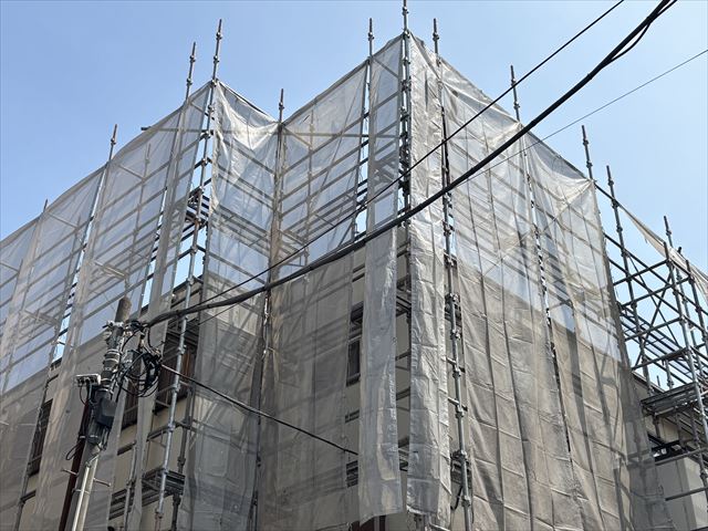 取手アパート外壁塗装足場